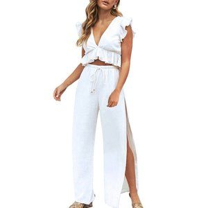 FANCYINN Womens 2 Pieces Outfits Deep V Neck Crop Top Side Slit Drawstring Wide